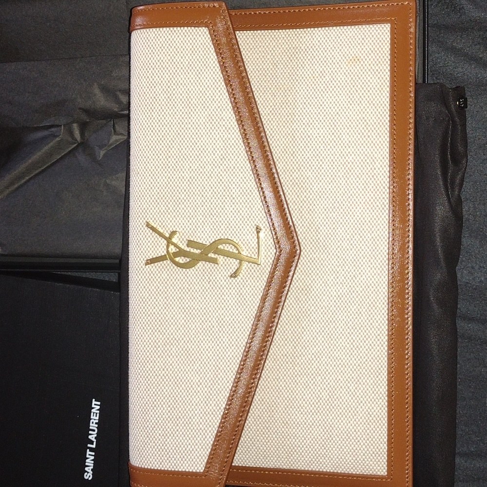 Yves Saint Laurent Brown and Cream Clutch with Gold Logo